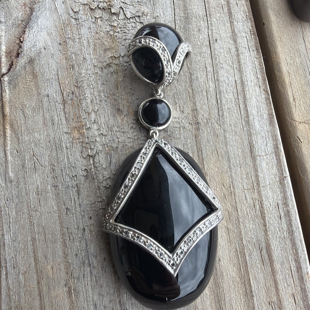 Vintage Revival Art Deco 1990s Onyx And Sterling 925 Pendant Hinged Bale